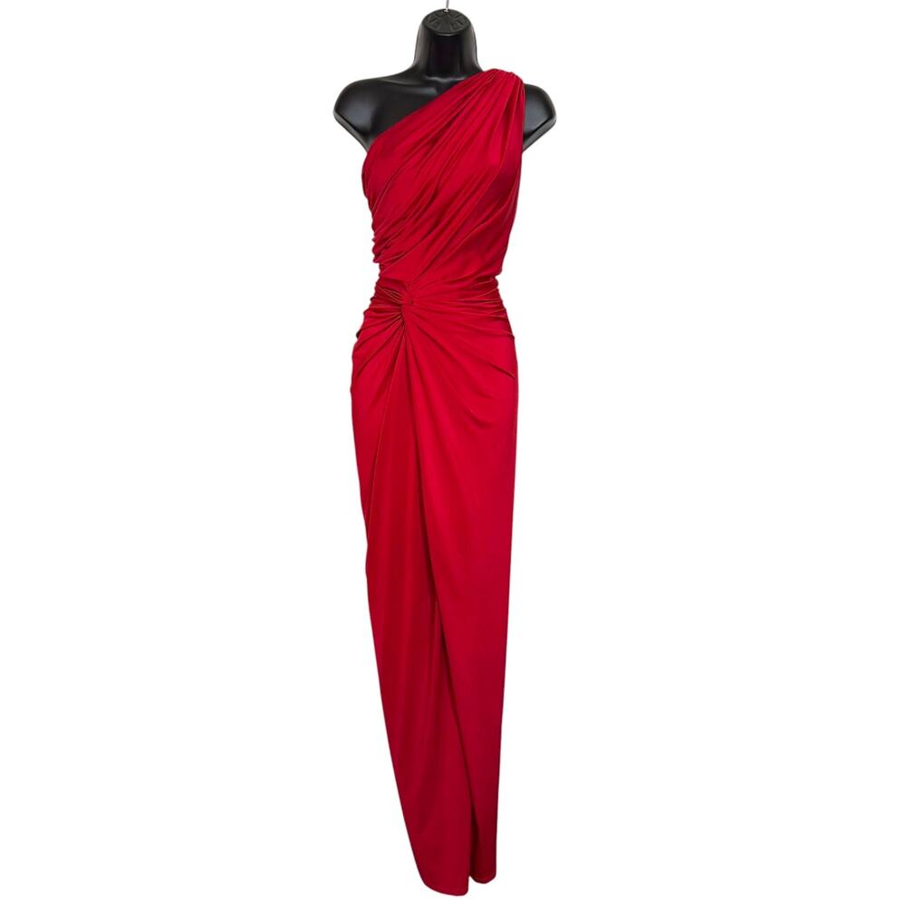 Vtg Cache Red One Shoulder Draped Maxi Dress Gown Ruched Y2K Old Hollywood S
